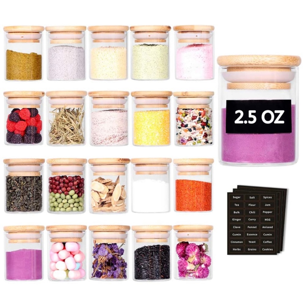 Tzerotone Spice Jar Set 2.5oz 20 Piece Glass Jar w/ Bamboo Airtight Lids&Labels